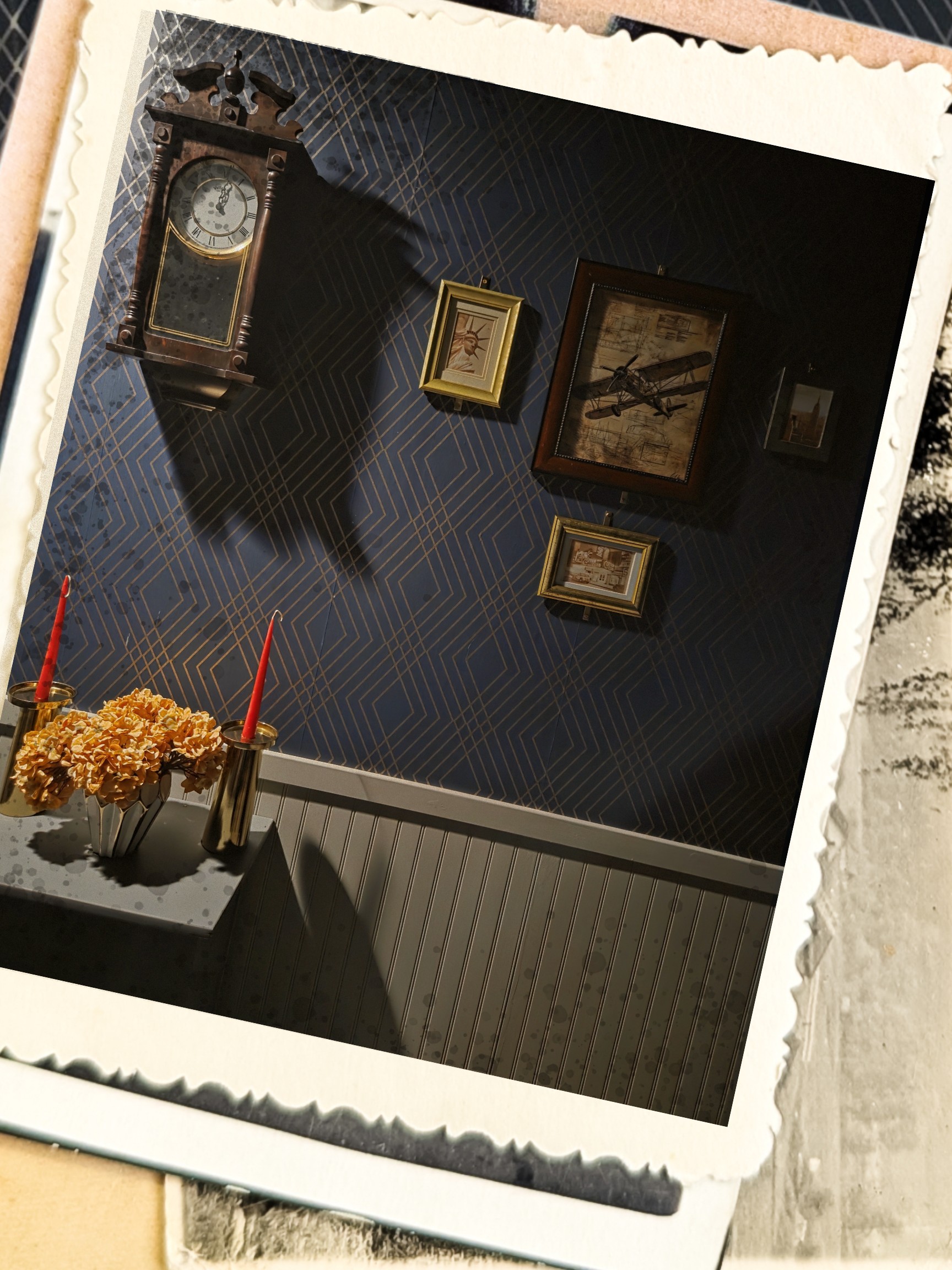 The escape room from within. The escape rooms wall featuring an airplane and old clock.